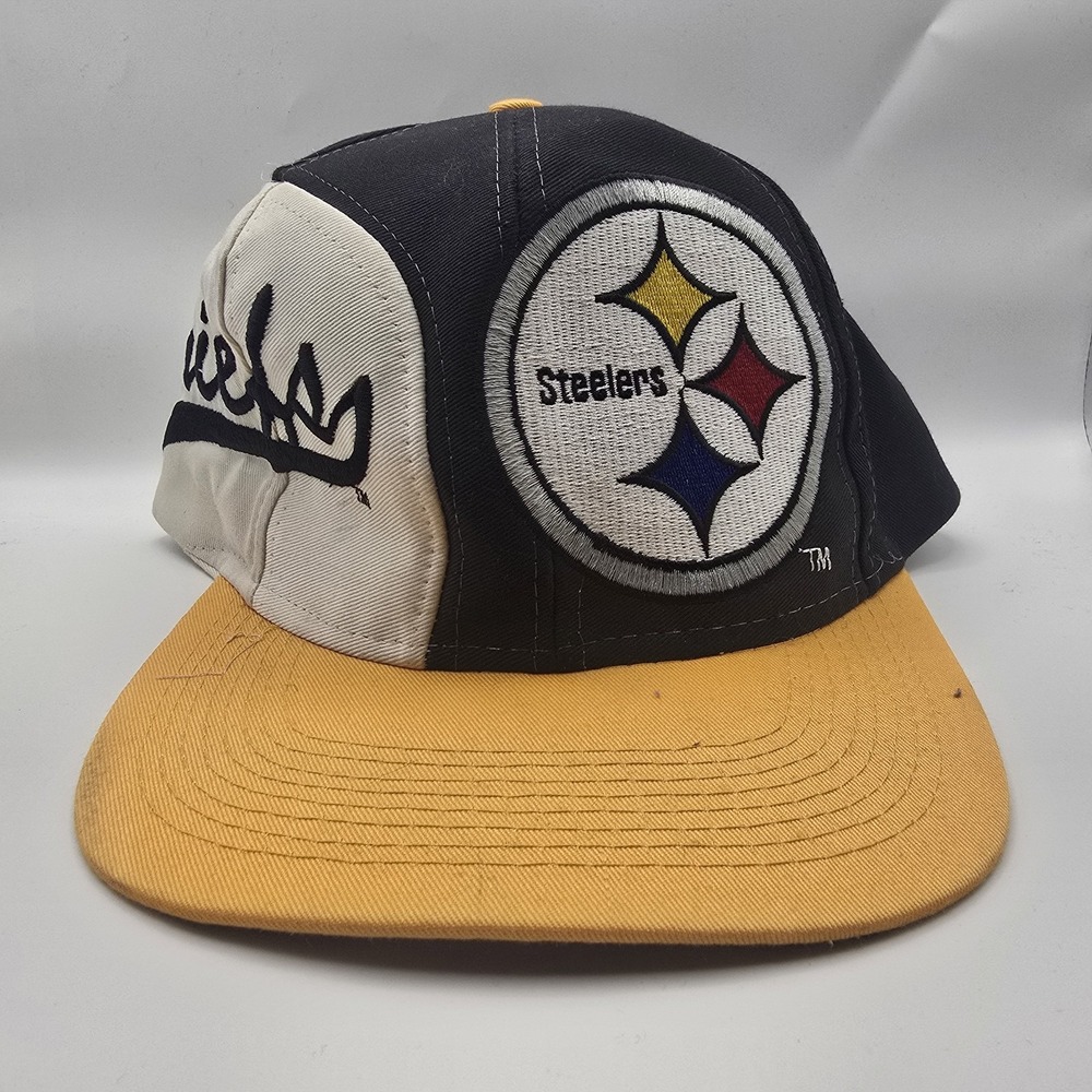 Vintage Pittsburgh Steelers Logo 7 Snapback Hat NFL Script Black Gold Cap